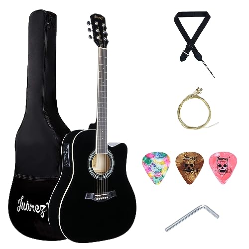 Image of Juarez JRB41C /BK-EQ 41 Inch Acoustic Guitar Kit with Truss Rod, Solid Linden Wood, Ziko Strings, Pearl Rosette, Rosewood Fretboard & Bridge, Die Cast Machine with Picks, Strap, Strings & Bag Black