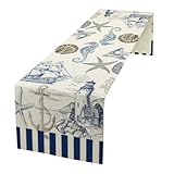 Tischläufer im Vintage-Stil, Segelboot, Sommer, Jakobsmuscheln, Seestern, Ligthouse, Kompass, Abenteuer, Meerestiere, Ozean, für Zuhause, Bauernhaus, Küche, Esszimmer, Party, Urlaub, 33 x 178 cm