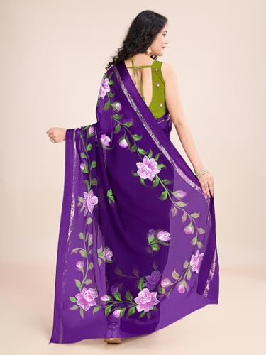 Image of Women Hand Painted Saree |Women's Georgette Printed Saree With Unstitched Blouse Piece