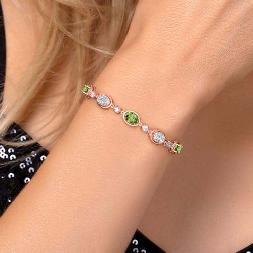 Gem Stone King 18K Rose Gold Plated Silver Green Peridot and and Lab Grown Diamond Bracelet For Women | 4.50 Cttw | Gemstone August Birthstone | Oval 7X5MM | Fully Adjustable 9 Inch4