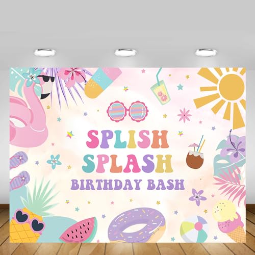 MEHOFOND Tropical Splish Splash Birthday Party Backdrop Girl Splash Water Paddling Pool Summer Party Decorations Swimming Pool Birthday Party Banner Photo Booth Props 7x5ft