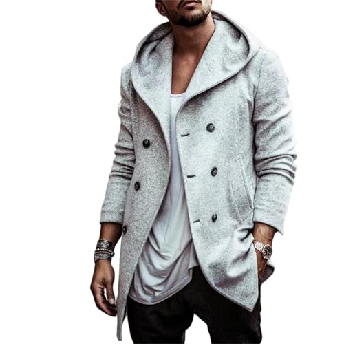 Image of Mens Classic Pea Coat Hoodie Notched Collar Double Breasted Slim Fit Winter Warm Trench Coats for Men with Hood