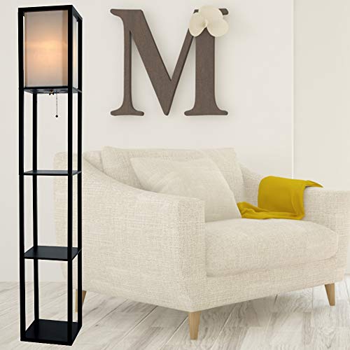 Floor Lamp with Shelves - Room Light by Lightaccents - Corner Storage Standing Bookshelf Lamp - Bedroom Light with Wooden Storage Shelves and White Cotton Linen Shade (Black) - Thumbnail 2