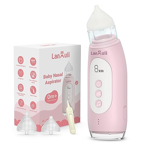 LANMULI Hospital-Grade Nasal Aspirator for Baby, Automatic Toddler Nose Sucker, Infant Snot Cleaner with Adjustable Suction Level, Music and Light Soothing Function (Pink)