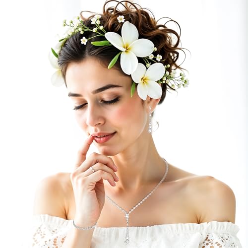 Rhinestone Bridal Jewellery Set Elegant Crystal Teardrop Pendant Necklace Drop Dangle Earrings Bracelet Sparkly Silver Jewellery Set for Brides Bridesmaid Women Girls Prom Costume Accessories - Image 5