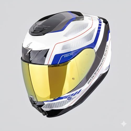 Scorpion Exo-391 Leo Blanco ZUL | Casco de Moto Integral Unisex Hombre y Mujer Homologado ECE 22.06 (XXL) + Visera Oro