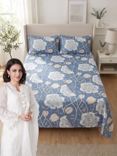 Image of Mafatlal 144 TC Double bedsheet with Pillow Cover, Floral Design Cotton Queen Bed Sheet, 90x100 inches Double Size bedsheet, Pure Cotton Full Bed chadar|Aaure Blue