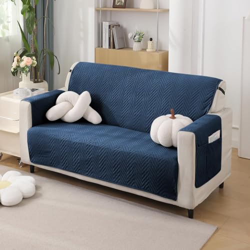 Image of HOKIPO Polyester 2 Seater Quilted Sofa Cover with Pockets, Navy Blue (NEW1-802-NYBL)
