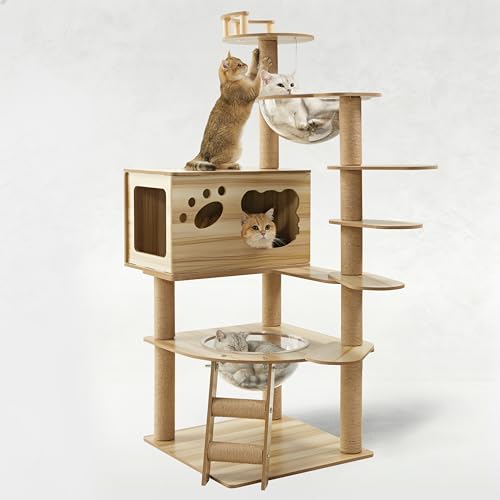 Árbol para gatos grande madera 52 pulgadas multiespacio interior amarillo miniatura 1
