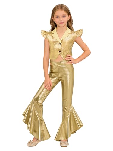 Tenue hip hop fille ensemble tops courts paillettes gilet pantalon métallique
