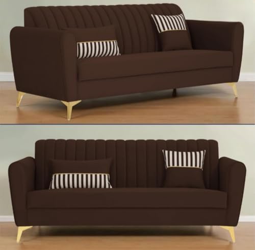 Image of MS Luxury FURNITRE Premium Luster 3-1-1 Sofa Set | Velvet Suede Fabric | 3-Year Warranty | Color Beige with Golden Legs & Striped Pattern Cushion wit Centre tabule Free (Brown, 3 seatar)