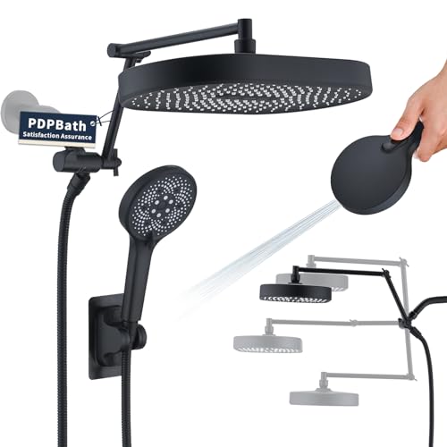 PDPBath 35,6 cm Regenduschkopf mit 5+1 Einstellungen, Handbrause Combo, Hochdruck-Regenduschkopf mit 40,6 cm verstellbarem Verlängerungsarm, 200,7 cm extra langer Schlauch, 3-Wege-Umsteller,