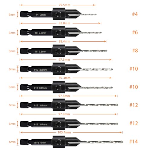 8 Pack Woodworking Countersink Drill Bits Set 3in1, Heavy Duty 6542 Pilot Drill Bits Depth Adjustable, 82-Degree Chamfer, 6mm Hex Shank, for #4#6#8#10#12#14 Screws in Soft & Hard Wood 2 8 Pack Woodworking Countersink Drill Bits Set 3in1, Heavy Duty 6542 Pilot Drill Bits Depth Adjustable, 82-Degree Chamfer, 6mm Hex Shank, for #4#6#8#10#12#14 Screws in Soft & Hard Wood - Image 2