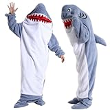 Hai Sudadera Manta con Capucha L (155-170cm), Saco de Dormir con Capucha Shark, Mono de Franela Shark con Pies, Manta de Fanela, Regalo para Fiestas de Pijamas de Dibujos Animados