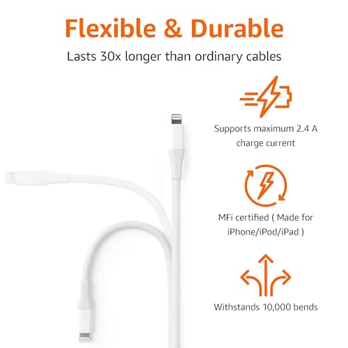 Amazon Basics - 1-Pack USB-A to Lightning ABS Charger Cable, MFi Certified for Apple iPhone 14 13 12 11 X Xs Pro, Pro Max, Plus, iPad, 10,000 Bend Lifespan, 10 Foot, White - Image 3