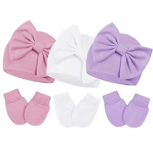 Image of Zando Baby Hats Newborn Girl Hat with Big Bow Cotton Baby Beanie Hat and Mitten Set Infant Baby Winter Hat for Girls Boys