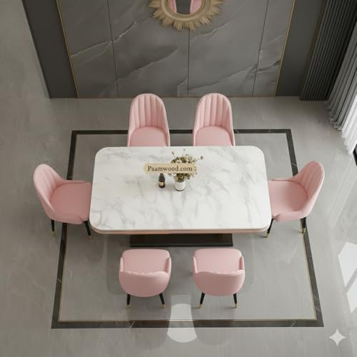 Image of 6-Seater Dining Table with Nano Composite Marble Top and PVC Golden Wooden Base |2yr Warranty - Includes 6 Fabric Upholstered Chairs (Pink, White Marble Top)