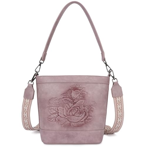 Image of Crossbody Purses for Women, Trendy Embossed Vegan Leather Bucket Bag, Travel Shoulder Handbag with 2 Detachable Straps