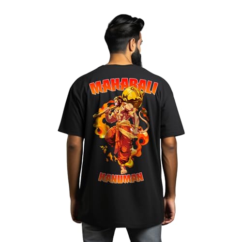 Image of prabhu bhakti Men's Oversized Mahabali Hanuman Printed T-Shirt |Back Print Drop Shoulder Pure Cotton Oversized Tshirt for Men