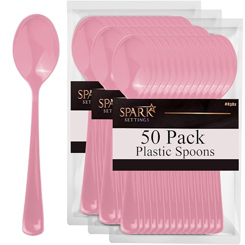 SparkSettings Disposable Plastic Cutlery - Heavy Duty Silverware Ideal for Hot & Cold Food - 50 Pack (Pink)