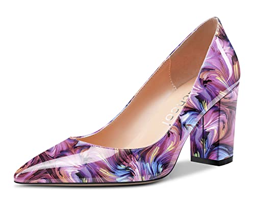 Aachcol Women Pumps Pointed Toe Slip on Mid Heel Dress Office Chunky Block Heels Shoes 3 Inches