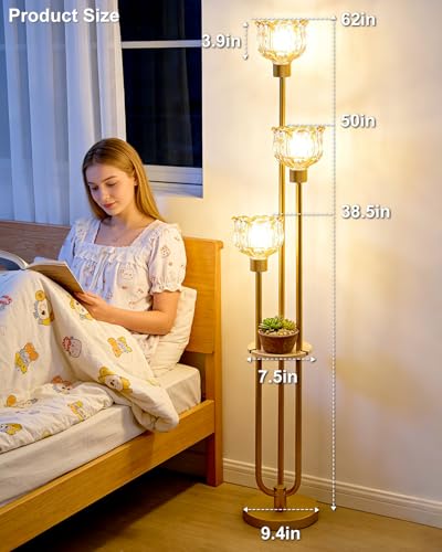 Image of 3-Light Lotus Floor Lamp, Mid Century Modern Amber Glass Gold Floor Lamp for Living Room, 62 Inch Standing Tall Lamps with Warm White 3000K Bulbs for Bedroom Sofa Beside Corner Home Decor