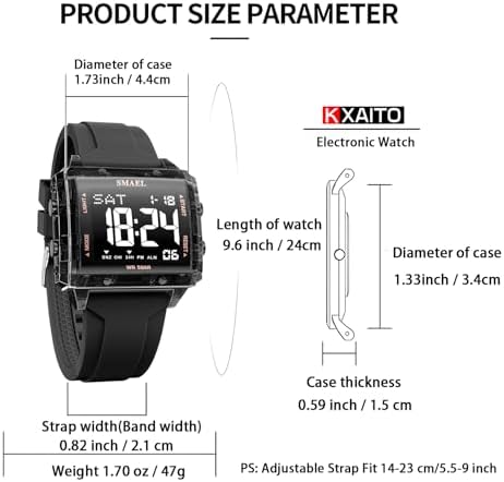 KXAITO Digital Sports Watch, Square Case 44mm, LED Night Light Display, 5ATM Waterproof, Silica Gel Band, Alarm Chronograph Stopwatch, Gift (Black) — view 4