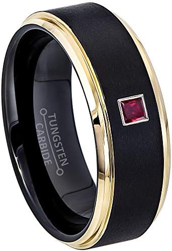 Jewelry Avalanche 0.05ctw - 0.10ctw Princess Cut Ruby Birthstone Tungsten Ring - Matte Black & Yellow Gold IP Stepped Edge Tungsten Carbide Mens Wedding Band - July Birthstone Ring - WG Bezel