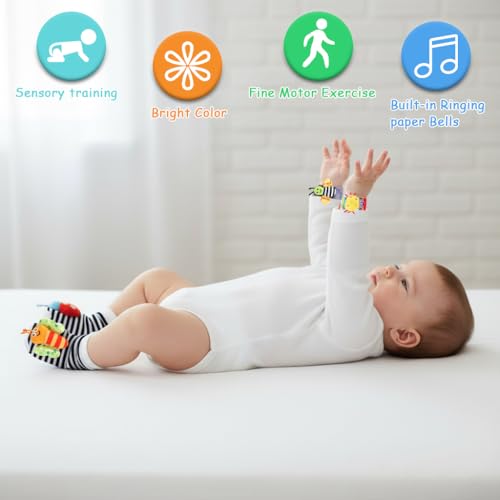Image of SNOWIE SOFT Baby Socks Rattles and Wristband Rattle Set for Babies 0-6 Months, Cartoon Fun Cotton Socks with Cartoon Plush Rattle Toys Soft Sound Sensory Baby Toys for 6 to 12 Months