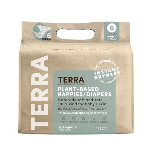Terra Diapers Size 6: 85% Plant-Based Diapers, Ultra-Soft & Chemical-Free for Sensitive Skin, Superior Absorbency for Day or Nighttime Diapers, Designed for Toddlers 35+ Pounds, 14 Count