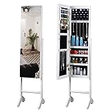 Jewelry Cabinet Box Armiore Free Standing Full Mirror Fashion Simple Jewelry Storage Cabinet With Led Light for Earring, Bracelet, Necklace, Living Room or Bedroom (White) (White)