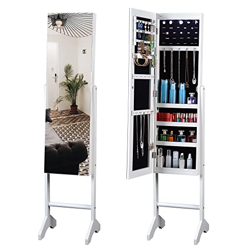 Jewelry Cabinet Box Armiore Free Standing Full Mirror Fashion Simple Jewelry Storage Cabinet With Led Light for Earring, Bracelet, Necklace, Living Room or Bedroom (White) (White)