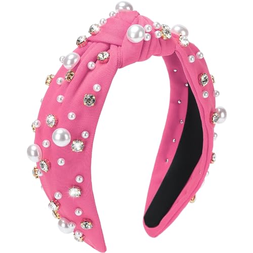 WantGor Pearl Knotted Headband Women Rhinestone Embellished Hairband Elegant Wide Top Knot Bride Headbands Headpieces Party Fashion Elegant Ladies Hair Band Hair Hoop Accessories (Hot Pink)