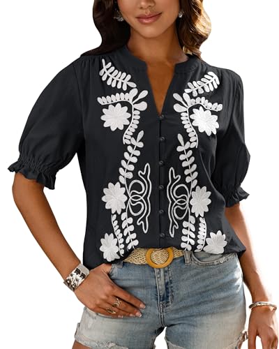 BTFBM Women's 2025 Summer Tops Casual Floral Boho V Neck Puff Short Sleeve Button Down Shirts Embroidered Blouses Tunic(Floral Black White, Large)