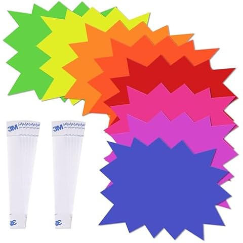 120 Pieces Starburst Signs for Retail, 5*6.6 Inch Fluorescent Garage Sale Stickers, Multicolor Sale Signs for Retail Store, Garage Sale Supplies, Yard Sale Stickers with PVC Sticky Transparent Strip Cover
