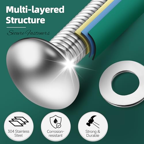 Image of (7 Sets) 5 /16-18 x 4 Carriage Bolts with Nuts and Washers, 304 Stainless Steel Round Head Square Neck 5 /16 Carriage Bolts Screws, Full Thread for Outdoor