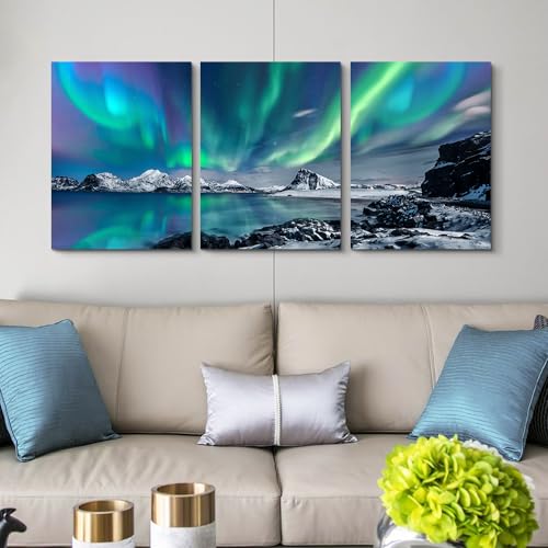 DZRWUBHS Canvas Wall Decorations For Living Room 3 Piece Stretched and Framed Canvas Paintings Office Wall Decor For Bedroom Bathroom Aurora Scenery Pictures Home Decor Print Artwork Ready To Hang