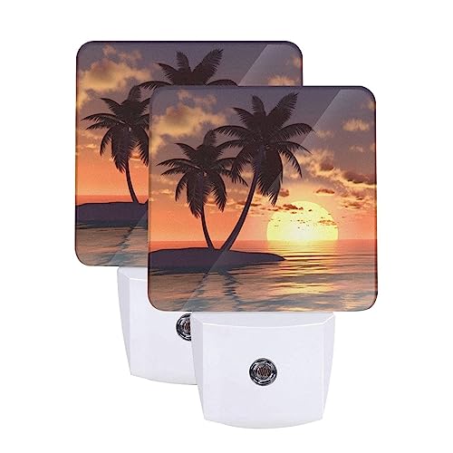 Image of Sunset Coconut Palm Tree Beach Ocean LED Plug-in Night Light 2-Pack, Auto Sensor Nightlights Set of 2 for Bedroom Bathroom