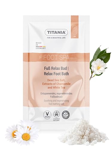 TITANIA® Sal de baño de pies 40 g con extracto de manzanilla y té blanco, cuidado natural de los pies para la relajación y la regeneración, vegana, sin microplásticos, dermatológicamente probado