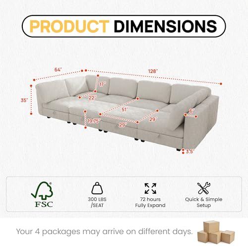 Image of 128 inch Modular Sectional Chenille Sofa bed with Hidden Storage, Comfy Modern 8 Seater Oversized Deep Seat Couch, Modular Sectional with Ottoman and Removable Cover for Living Room, Apartment, Beige