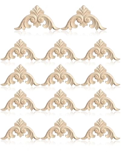 TPZORJX 14pcs fregio legno，di Legno Naturale Intagliato ad Angolo onlay Applicazione mobili Non Dipinta ad Angolo Applicazione Floreale per Porta Armadio da Parete Decorazione casa (4CM*4CM)