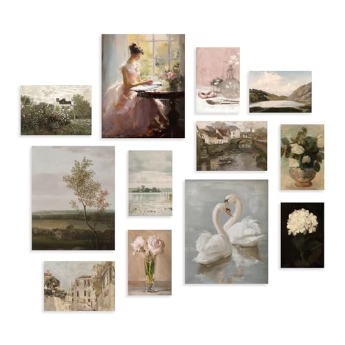 Dazzlewall 12 Stück Vintage Französische Landhaus Wandbilder, Schwanen Blumen Bilder Cottagecore Galerie Deko für Schlafzimmer Wohnzimmer Ungerahmt