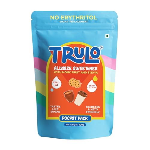 Image of Trulo Allulose Sweetener with Monk Fruit and Stevia | NO ERYTHRITOL | Natural Zero GI Sugar Replacement | Zero Calorie, Keto & Diabetes Friendly | Pocket Pack 100g