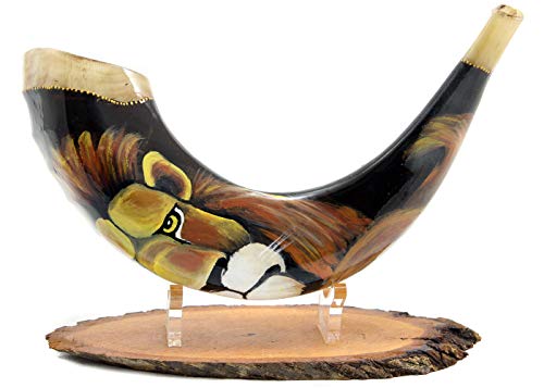 Hand-painted Ram's Horn Shofar Lion Of Judah Design + Wooden Stand With Lucite Support - Professionally Tuned and Tested Shiped from Israel