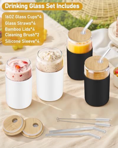 Image of sungwoo Glass Cups with Lids and Straws, 4 Pack 16OZ Iced Coffee Cups with Silicone Sleeve, Glass Tumbler with Straw and Bamboo Lid, Home Essential Drinking Set for Juice, Cocktail and Tea Black&White