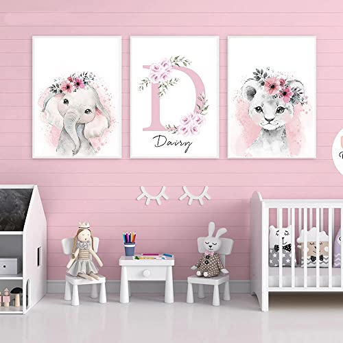 Youihom 3 Poster Prenom Enfant Bebe Tableau Elephant Lion Fleurs Rosa Affiche Personnalisée Bébé Chambre Salle de Jeux Decoration Murale Cadeau 30x40 sans Cadre Cover