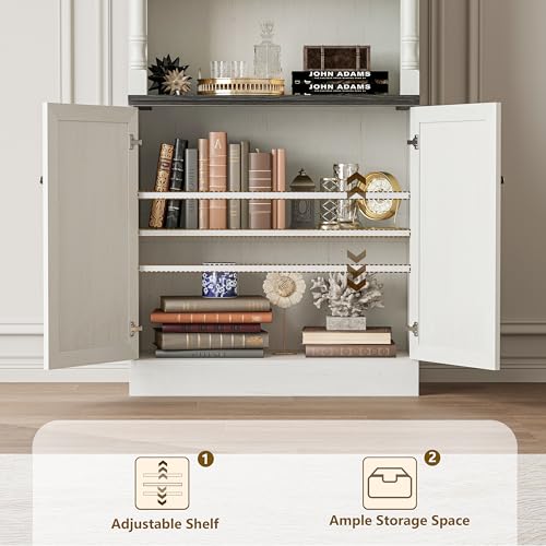 Image of 71'' Tall Bookshelf with Doors, Bookcase Storage Cabinet with 5-Tier & Adjustable Shelves, Wooden Deep Book Shelf for Living Room, Office, Antique White