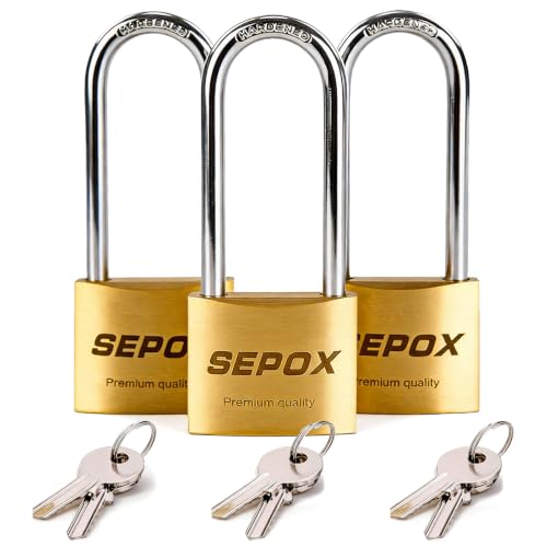 Image of SEPOX Solid Brass Padlock 40mm, Extra Long Shackle 2.6 inch, 6 Same Keys, 3Pcs