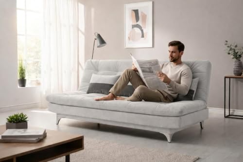 Image of FURNY Supersoft 3 Seater Fabric Sofa Cum Bed with Ottoman (Light Grey) Premium Velvet Finish with Extra 2 Cushions, Ideal for Living Rooms, Bedrooms, Offices