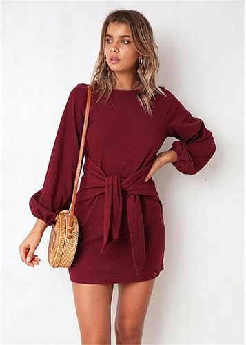 PRETTYGARDEN Womens Fall Elegant Long Lantern Sleeve Short Dress Wedding Guest Crewneck Tie Waist Knit Cocktail Dresses - Image 4